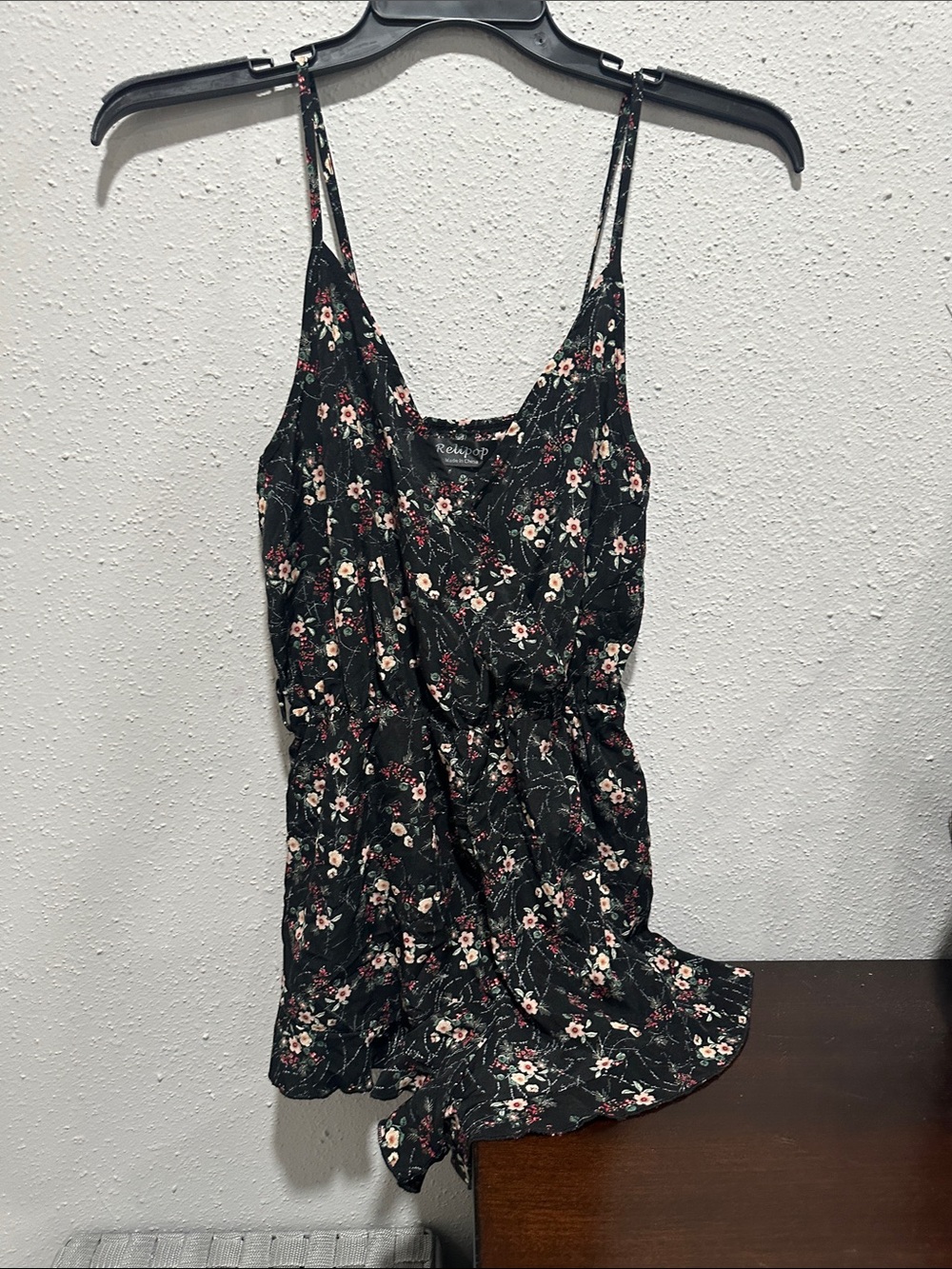 Floral Black Spaghetti-Strap Shorts Romper